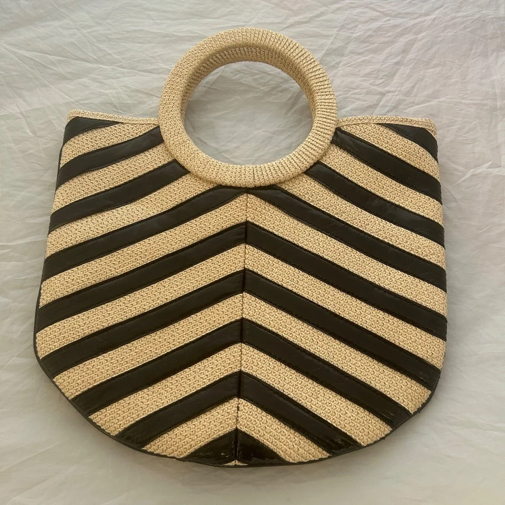 Boho Chic  Liz Claiborne Black and Cream Chevron Flat Bag with Hoop Handles